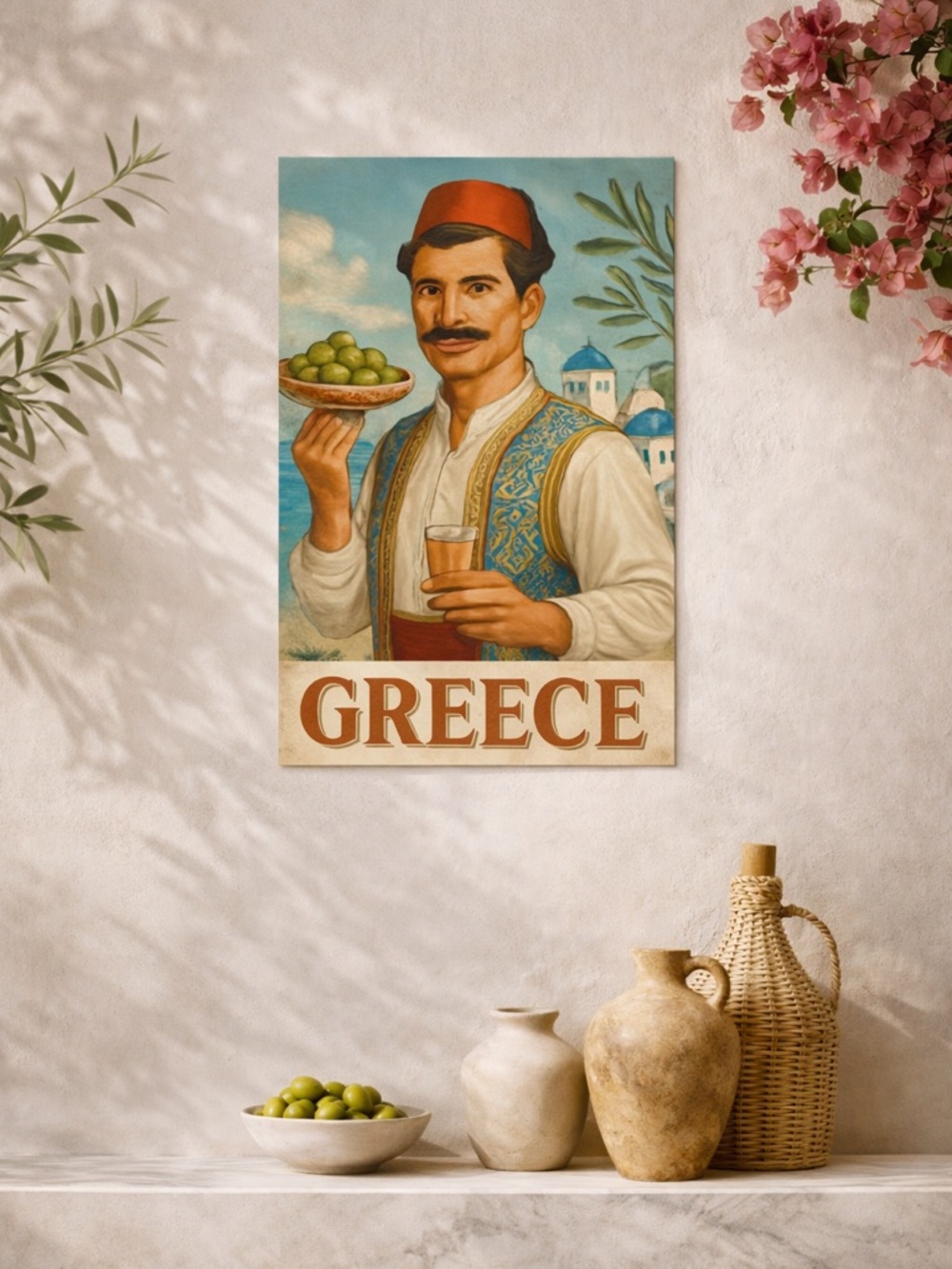 Greece Vintage Travel Metal  Print - Olive & Blue